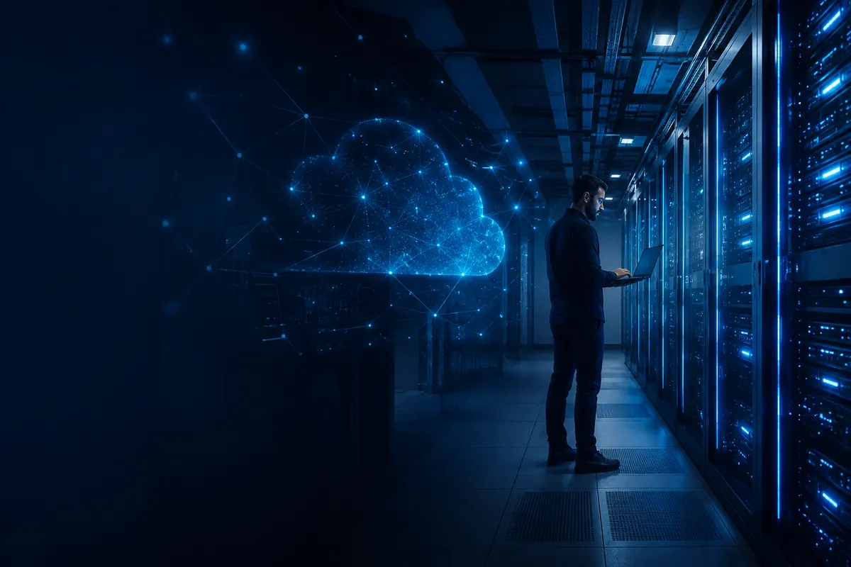 Cloud solutions and hosting environment with server racks and cloud network visualisation