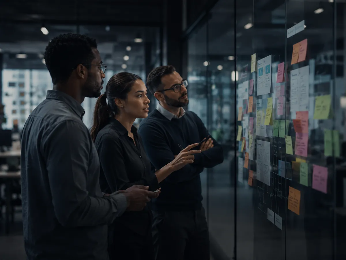 Team collaborating on digital transformation planning with sticky notes and workflow diagrams